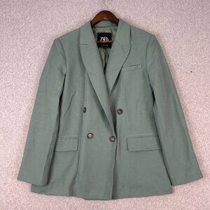 Zara Blazer Women Medium Light Green Longline Straight Single Vented Office NWOT
